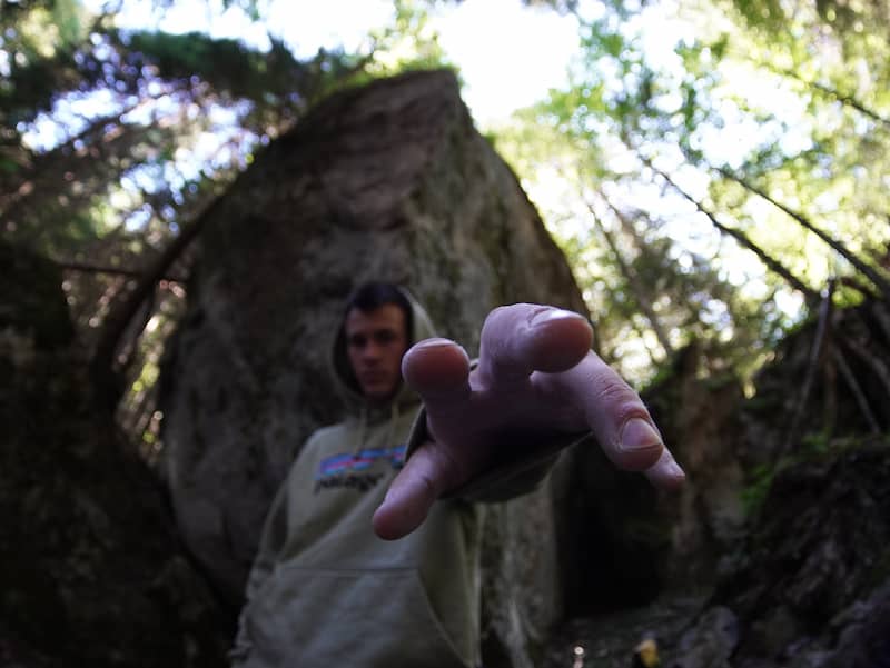 New sweater, new blok, looking scary at the camera with my hand reaching towards the curved lens